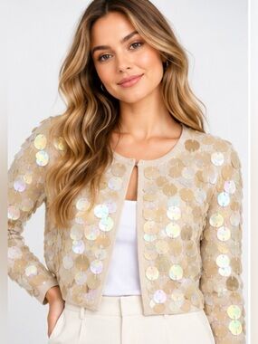 Vintage Joseph A Sequin Cardigan M 80% Silk Metallic Iridescent Champagne Y2K